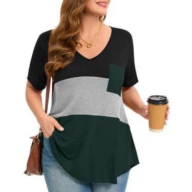 Imagem de MONNURO Camisetas femininas plus size de manga curta colorblock casual verão soltas com bolso, Preto-cinza-verde-escuro, 6X