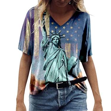 Imagem de Camiseta feminina 4 de julho, camiseta estampada com bandeira dos EUA, gola V, caimento solto, túnica, verão, dia da independência, Azul-celeste, XXG