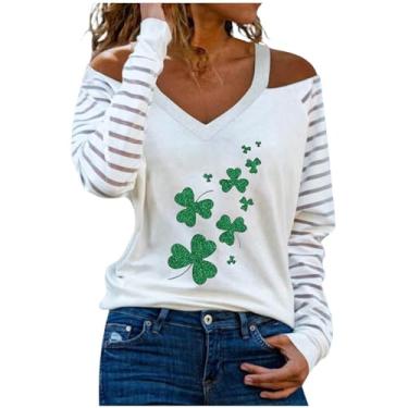 Imagem de Nagub Camiseta feminina St Patricks Day, manga comprida, gola V, verde trevo, ombros de fora, listrada, camisas elegantes túnicas, Trevo, G