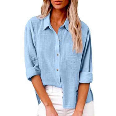 Imagem de Camisetas femininas de verão 2024 de linho para mulheres, manga comprida, lapela com botões, blusa de gaze, folgada, casual, Ofertas relâmpago azul-celeste, XXG