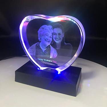 Imagem de Foto de cristal 2D 3D coração personalizado com base de luz cubo de foto gravado personalizado imagem 3D em moldura de vidro memórias de aniversário presente de lembrança para o dia das mães mulheres