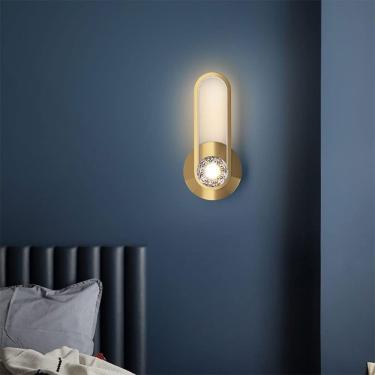 Imagem de Luminária de parede de cobre moderna, luminária de cabeceira para montagem na parede, LED regulável, luz de espelho linear, barra de tira longa, lâmpada de parede dourada para sala de estar,