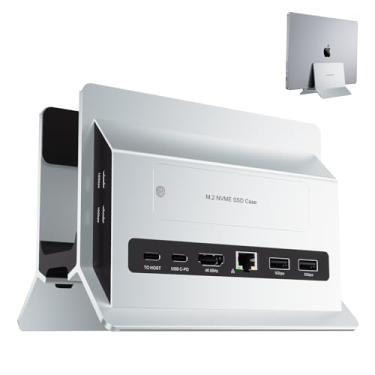 Imagem de Estação de ancoragem vertical PULWTOP para MacBook, Mac mini e MacBook Pro/Air, com suporte para SSD M.2 NVMe, 4K @60Hz HDMI, 2 USB C 10Gbps, SD/TF, 100W PD, RJ45, 2 USB A, áudio, Prata