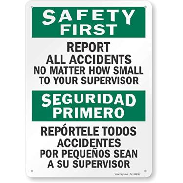 Imagem de SmartSign "Safety First: Report Accidents to Supervisor", bilíngue, placa de plástico, 35.6 cm x 25.4 cm