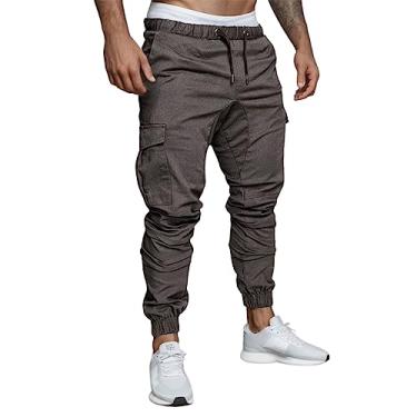 Imagem de Calça masculina militar com cordão com bolso calça masculina bege calça de moletom cargo esportiva calça de corrida esportiva, Cinza escuro, XGG