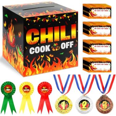 Imagem de Qyeahkj 67 peças de urna do concurso Chili Cook off inclui 60 cartões de votação e 3 fitas de prêmio de troféu, 3 peças de medalhas de troféus para chili Cook off Game Awards Party Supplies Cook off
