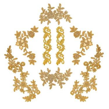 Imagem de NBEADS 8 Pçs Remendos de renda bordados, 4 estilos de apliques de flores e folhas, apliques de renda floral dourada para decoração de vestidos de noiva, roupas, mochilas jeans