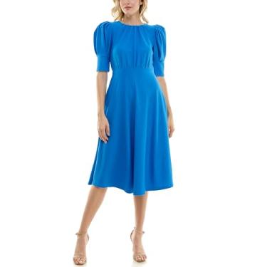 Imagem de Maison Tara Vestido feminino de manga bufante, corpete franzido, caimento justo e flare com recorte nas costas, Oásis azul, 42