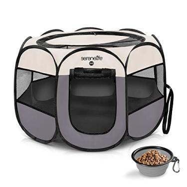 Imagem de SereneLife Tenda Portátil Dobrável para Animais de Estimação On-The-Go Cercadinho de 8 Painéis para Cães e Gatos com Tigela de Comida/Água, Playground para Filhotes de Exercícios de Malha, Casa para A