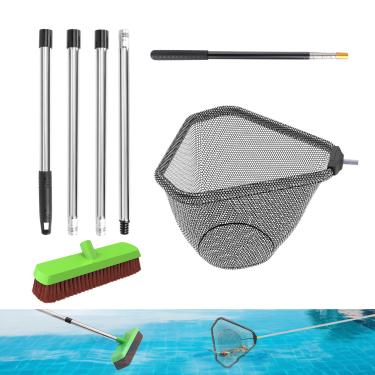 Imagem de Flehomo Kit de limpeza de piscina, rede de skimmer de malha e cabeça de escova de piscina com mastro telescópico de piscina, perfeito para piscinas acima do solo, spas, banheira de hidromassagem,
