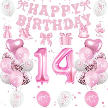 Imagem de Miidenks 14th Birthday Decorations for Girls, Pink Bow Coquette 14 Birthday Balloons Set,33 Pieces, Includes Banner, Hanging Swirls, Balloons, Perfect for Girls' Party