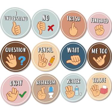 Imagem de Conjunto de 12 placas Boho ASL sinais manuais, pôsteres, sinais silenciosos para estudantes, professores, recortes de linguagem de sinais para escola, crianças, linguagem de sinais, silêncio,