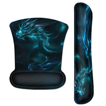 Imagem de Conjunto de suporte de pulso e suporte de teclado para jogos Mesforço Inc Mouse Pad – durável ergonômico antiderrapante, suporte para descanso de base quadrado antiderrapante, Blue Dragon Design
