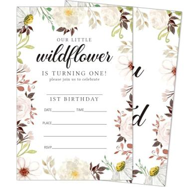 Imagem de heiyihe Convites florais de 1º aniversário da Wildflower, pacote com 20 convites de festa de aniversário para meninos e meninas com envelopes, suprimentos de festa para chá de bebê, 10 cm x 15 cm -