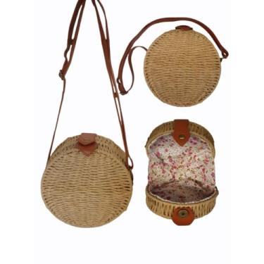 Imagem de Bolsa Redonda Palha Sintética Tiracolo com Alça de Couro Casual Moda Praia BL198 (Palha)