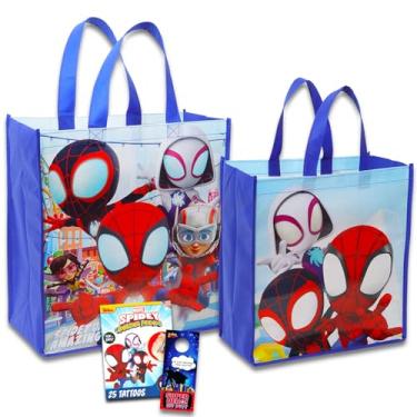 Imagem de Sacola Spidey and His Amazing Friends para crianças e adultos - Pacote com 2 sacolas de aranha e amigos, além de tatuagens, mais | Sacolas reutilizáveis do Homem-Aranha para mantimentos, Multicor,