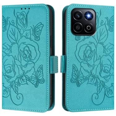 Imagem de Capa carteira rosa e borboleta em relevo para Honor X7C 4G, [bloqueio RFID] [suporta carregamento sem fio] 3 compartimentos para cartão e 1 compartimento para dinheiro, capa flip com fivela magnética