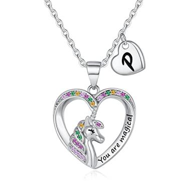 Imagem de Colares de unicórnio para meninas, ouro 14 quilates, ouro branco, banhado a ouro rosa, pingente de coração de zircônia cúbica, colar de unicórnio, joias infantis, colares com letra inicial para meninas adolescentes, presentes de unicórnio para meninas, Zircônia cúbica, Zircônia cúbica