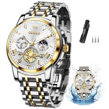 Imagem de Relógio OLEVS Masculino - Aço Inoxidável, Dourado/Prata, Impermeável