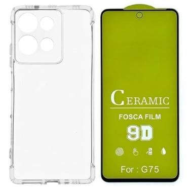 Imagem de Capa Capinha Anti Impacto + Película de Ceramica Fosca 9D, silicone transparente clear com bordas reforçadas e flexível com efeito cristal. Compátivel com Moto G75
