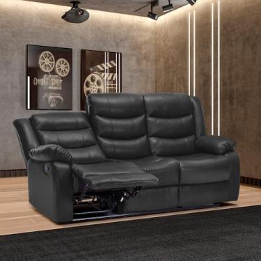 Imagem de Sofá Reclinável Sala de Cinema 3 Lugares Hollywood Manual Massagem Aquecimento Porta Copos PU Preto G94 - Gran Belo