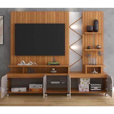 Imagem de Estante Home Cross para TV até 55 Polegadas 4 Portas Prateleiras Luz Led e Rodízio Jequitibá/Off White - Lukaliam