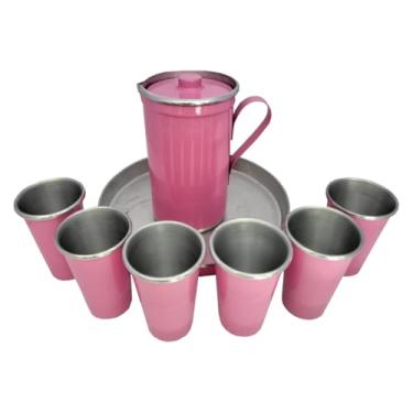 Imagem de Jogo de 6 Copos Com Jarra e Bandeja 8 Peças Kit Suco de Alumínio (Rosa Bebê)