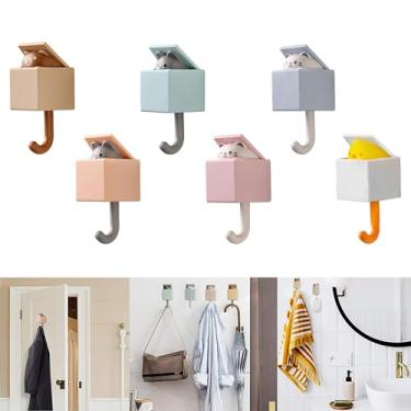 Imagem de FUZSKWID 6 peças de ganchos de parede adesivos criativos para parede e porta, ganchos utilitários para casaco, cachecol, chapéu, toalha, roupões, chaves, bolsa, gancho fofo para gatos de estimação