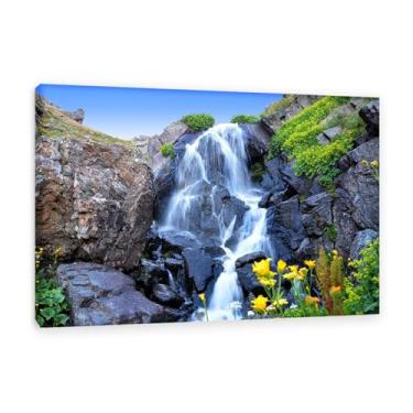 Imagem de FLUCK Quadros sala de estar modernos, cascata pintura de paisagem flores, ornamentos de parede decorativos quarto tela pinturas quadro decoração floresta - natureza 80 x 120 cm (31 x 47 pol) moldura
