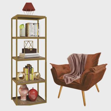 Imagem de Kit Poltrona Fatte com Manta Soft Salmão e Estante Livreiro Ferro Dourado mdf Rústico S...