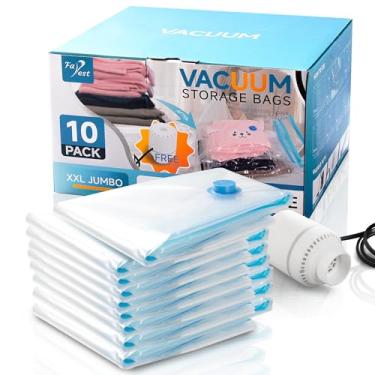 Imagem de Pacote com 10 sacos de armazenamento a vácuo jumbo 2GG com bomba de ar elétrica, bolsas economizadoras de espaço, compressão para edredons e cobertores, edredons, travesseiros, viagem (120 x 89 cm)