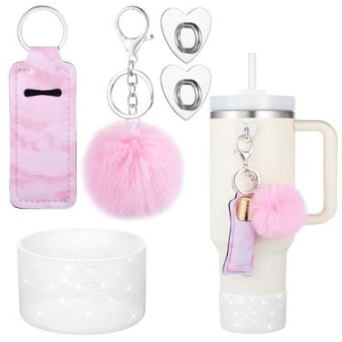 Imagem de FXTBE Bota de silicone para Stanley Cup 1,134 g, botas com glitter para Stanley Quencher 30 567 g, capa inferior para Hydroflask 1,134 a 340 g, chaveiro pompom, suporte de batom para acessórios