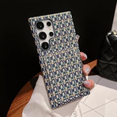 Imagem de Capa de telefone com compartimento para cartão de tecido xadrez colorido para Samsung S24 S22 S23 Ultra à prova de choque Capa protetora tipo carteira, azul marinho, para Samsung S22