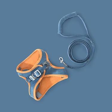 Imagem de Reflexivo Faixa Cat Harness Leash, Deerskin Fleece Pet Harness Com Gancho e Laço para o Cão do Gato, Trela Pet Respirável e Confortável (Laranja e azul, adequado para