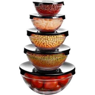 Imagem de Kit Conjunto de 5 Potes de Vidro Redondo, Tampa Plástica- Conjunto de Tigelas Redondas
