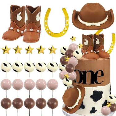 Imagem de MEMOVAN Cowboy Rodeo Cake Topper Mini Cowboy Hat and Boot Cake Decorations Western Cupcake Decorations with Balls and Horseshoe Decorations for Baby Shower First Rodeo Birthday Vaquero Themed Party