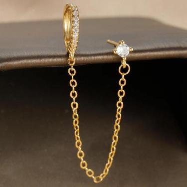 Imagem de Brincos de Argola com Corrente e Pingente de Zircônia Verde - Aço Inox