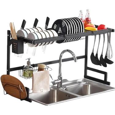Imagem de Escorredor de Louça Sobre Pia Preto 65cm Aço Reforçado com Porta Copos Talheres Detergente Tábua e Ganchos Ventosas Antiderrapantes Organização Completa sem Furação