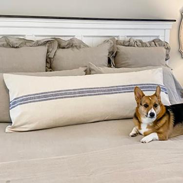 Imagem de Piper Classics Market Place Blue Body Pillow Cover, Grain Sack Stripe, Farmhouse Bedroom Décor, Gray and Cream, 54x21