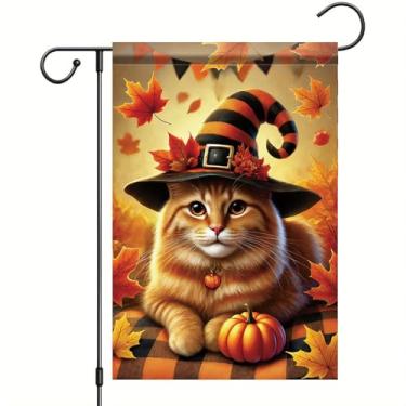 Imagem de Starlit Patio Bandeira de jardim de outono de Halloween gato laranja com chapéu de abóbora bandeira 30 x 45 cm chapéu de bruxa de outono frente e verso cobertor xadrez faixa de quintal para varanda