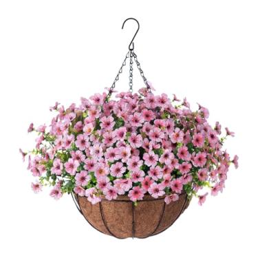 Imagem de Fenteer Flores artificiais penduradas em cesta, decoração de plantas falsas penduradas, suporte para plantas para, área externa, decoração de, Rosa