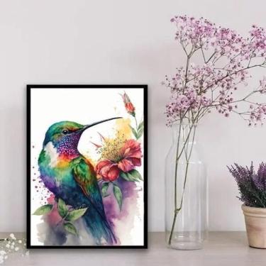 Imagem de Quadro Beija-flor Aquarela 33x24cm - Moldura Madeira Preta - Quadros O