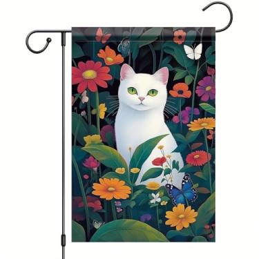 Imagem de Starlit Patio Bandeira de jardim primavera verão bandeira de gato branco 30,5 x 45,7 cm borboleta floral dupla face fofa faixa de quintal decoração ao ar livre para varanda gramado caminho gato amante