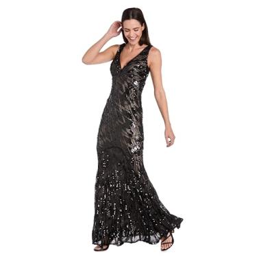 Imagem de Vestido longo de malha com acabamento de contas de diamante e forro contrastante - vestido de noite sem mangas, Preto/Nude, 46