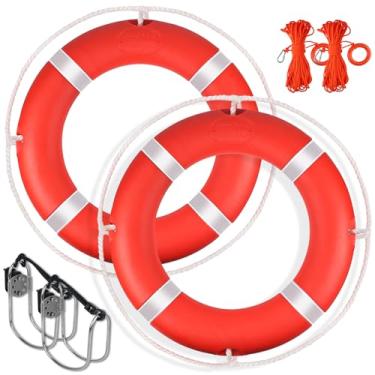 Imagem de Anel de vida na piscina, anéis de segurança de barco de 58 cm com corda flutuante de água e fita refletiva, inclui suporte de boia de anel salva-vidas, pacote com 2