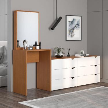 Imagem de Cômoda Penteadeira 6 Gavetas com Espelho Porto Branco/Freijó