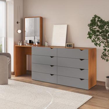 Imagem de Cômoda Penteadeira 8 Gavetas com Espelho Porto Cinza/Freijó