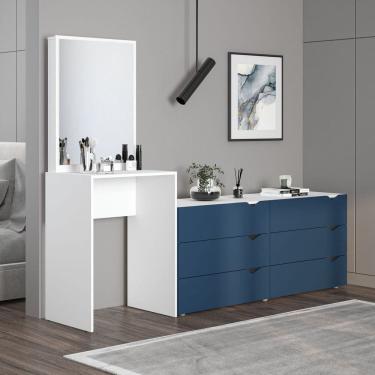 Imagem de Cômoda Penteadeira 6 Gavetas com Espelho Porto Azul/Branco