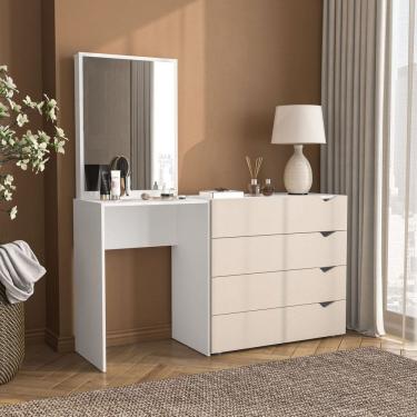 Imagem de Cômoda Penteadeira 4 Gavetas com Espelho Porto Creme/Branco
