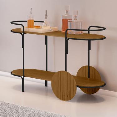 Imagem de Carrinho Bar Órbita em Madeira Maciça Castanho Estrutura em Metal Preto